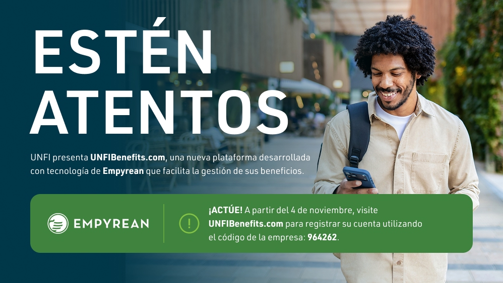 This is an image of a man walking down the sidewalk looking at his phone.  There is text that is laid over that image with the following information. STAY TUNED: UNFI is introducing UNFIBenefits.com, a new platform built on Empyrean that makes it easy to manage your benefits.TAKE ACTION! Starting November 4, go to UNFIBenefits.com to register your account using company code 964262.