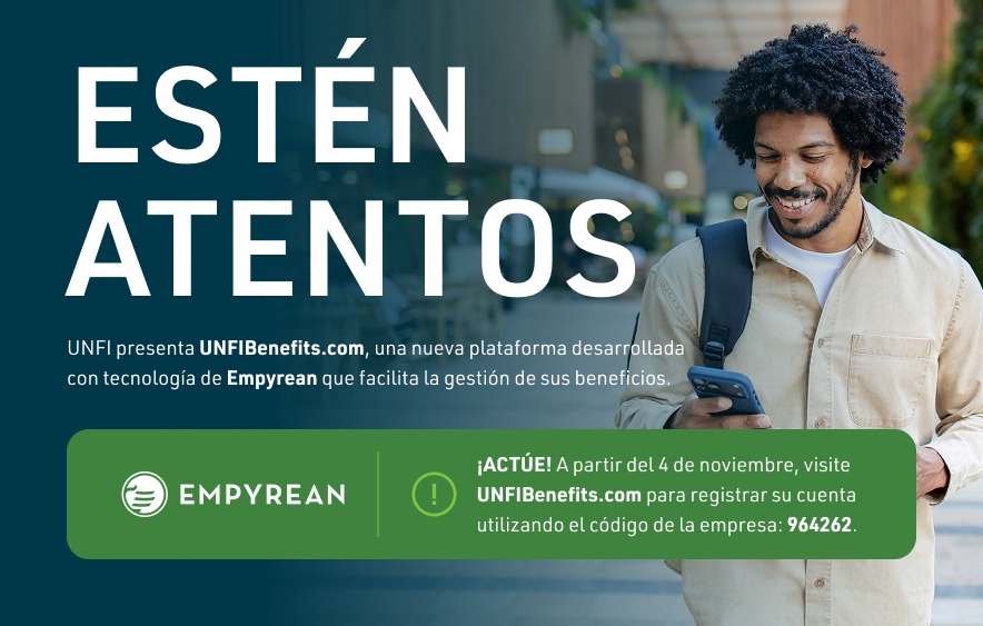 This is an image of a man walking down the sidewalk looking at his phone.  There is text that is laid over that image with the following information. STAY TUNED: UNFI is introducing UNFIBenefits.com, a new platform built on Empyrean that makes it easy to manage your benefits.TAKE ACTION! Starting November 4, go to UNFIBenefits.com to register your account using company code 964262.